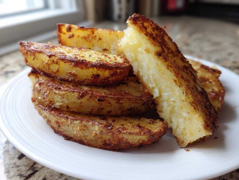 Close-up of perfectly crispy, golden brown potato wedges stacked on a white plate.
