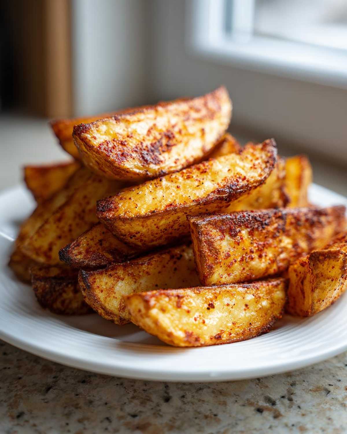 A close-up of a pile of golden brown, crispy potato wedges seasoned with paprika, served on a white plate.