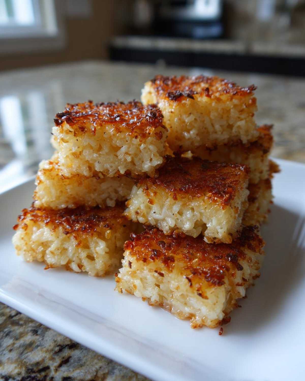 A stack of golden brown, perfectly cooked crispy rice squares with caramelized tops, ready to eat.