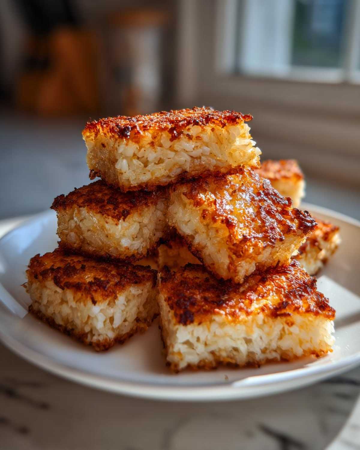 A stack of golden-brown, perfectly seared crispy rice squares piled high on a white plate.