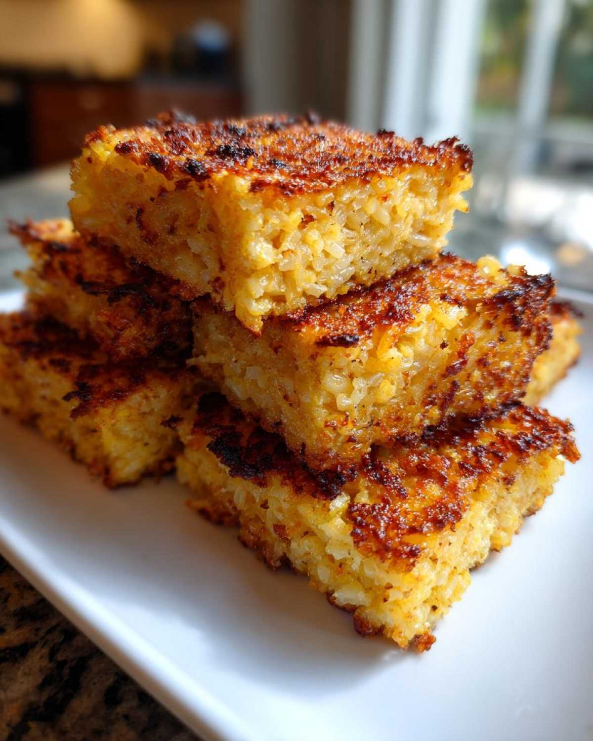 A stack of golden-brown, perfectly crispy rice squares showing a deep, caramelized crust.