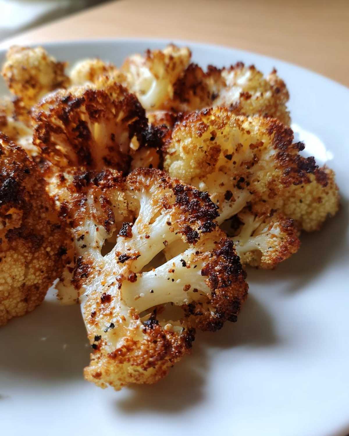 Close-up of perfectly crispy roasted cauliflower florets with dark, caramelized edges on a white plate.