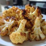 Close-up of beautifully browned and crispy roasted cauliflower florets piled on a white plate.