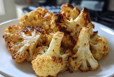 Close-up of beautifully browned and crispy roasted cauliflower florets piled on a white plate.
