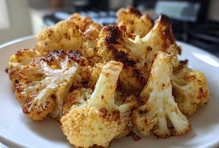 Close-up of beautifully browned and crispy roasted cauliflower florets piled on a white plate.