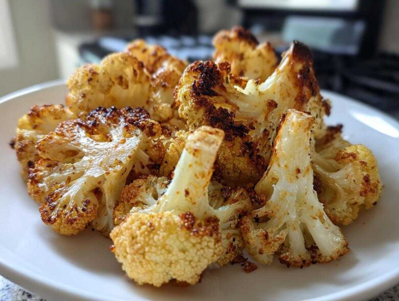 Close-up of beautifully browned and crispy roasted cauliflower florets piled on a white plate.