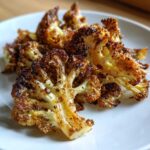 Close-up of beautifully browned and crispy roasted cauliflower florets served on a white plate.