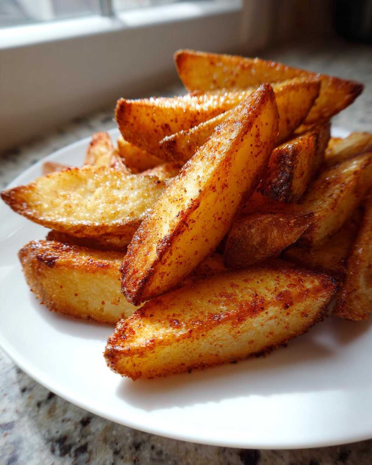 A close-up of golden brown, crispy potato wedges seasoned with paprika, piled high on a white plate.