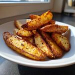 A close-up of perfectly crispy, golden-brown seasoned potato wedges piled high on a white plate.