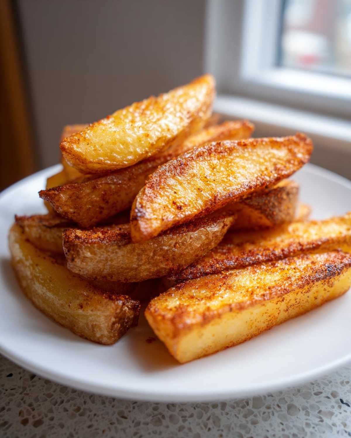 A close-up of a stack of golden brown, crispy potato wedges seasoned with spices, served on a white plate.