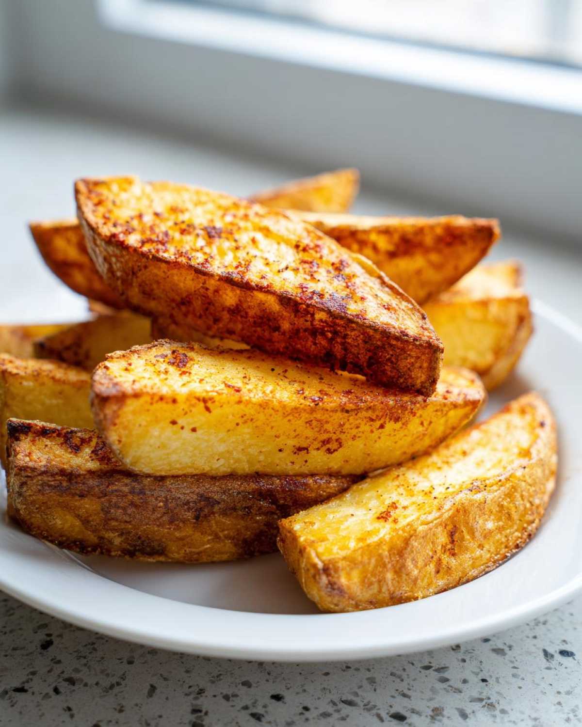 Close-up of perfectly crispy, golden-brown seasoned potato wedges stacked high on a white plate.