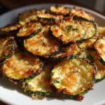 A plate piled high with golden brown, crispy zucchini chips topped with melted cheese.
