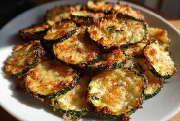 A plate piled high with golden brown, crispy zucchini chips topped with melted cheese.