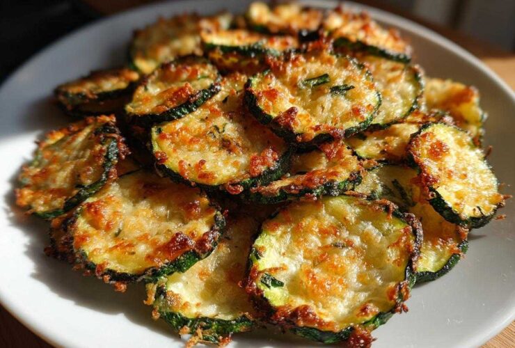 A plate piled high with golden brown, crispy zucchini chips topped with melted cheese.