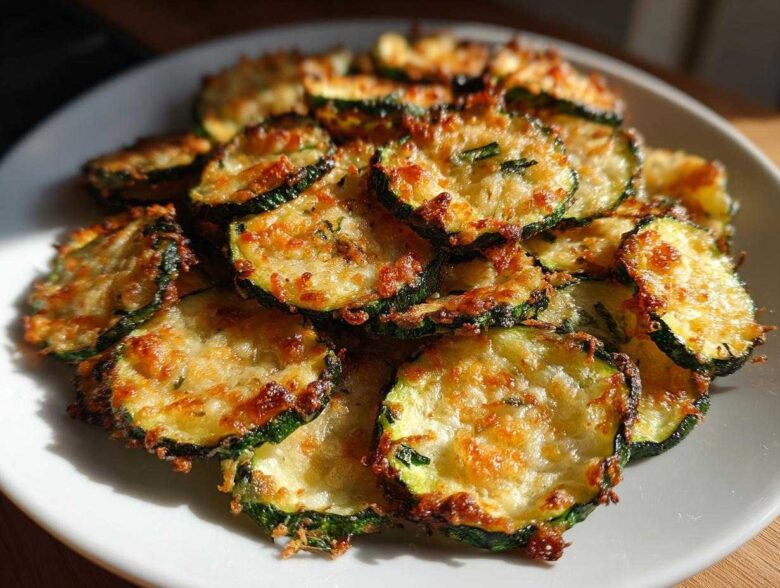 A plate piled high with golden brown, crispy zucchini chips topped with melted cheese.