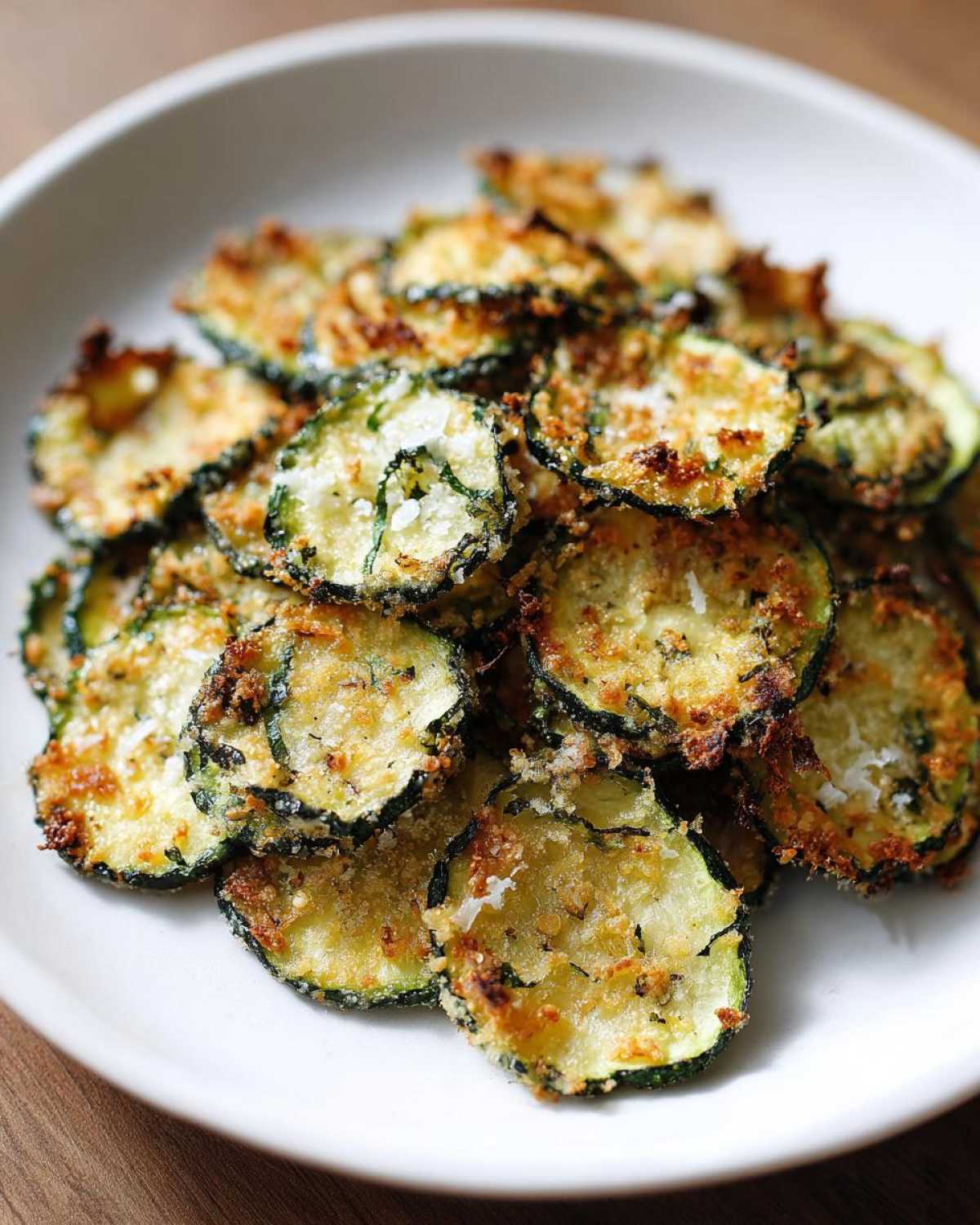 A close-up of crispy zucchini chips, seasoned and baked, piled high on a white plate.