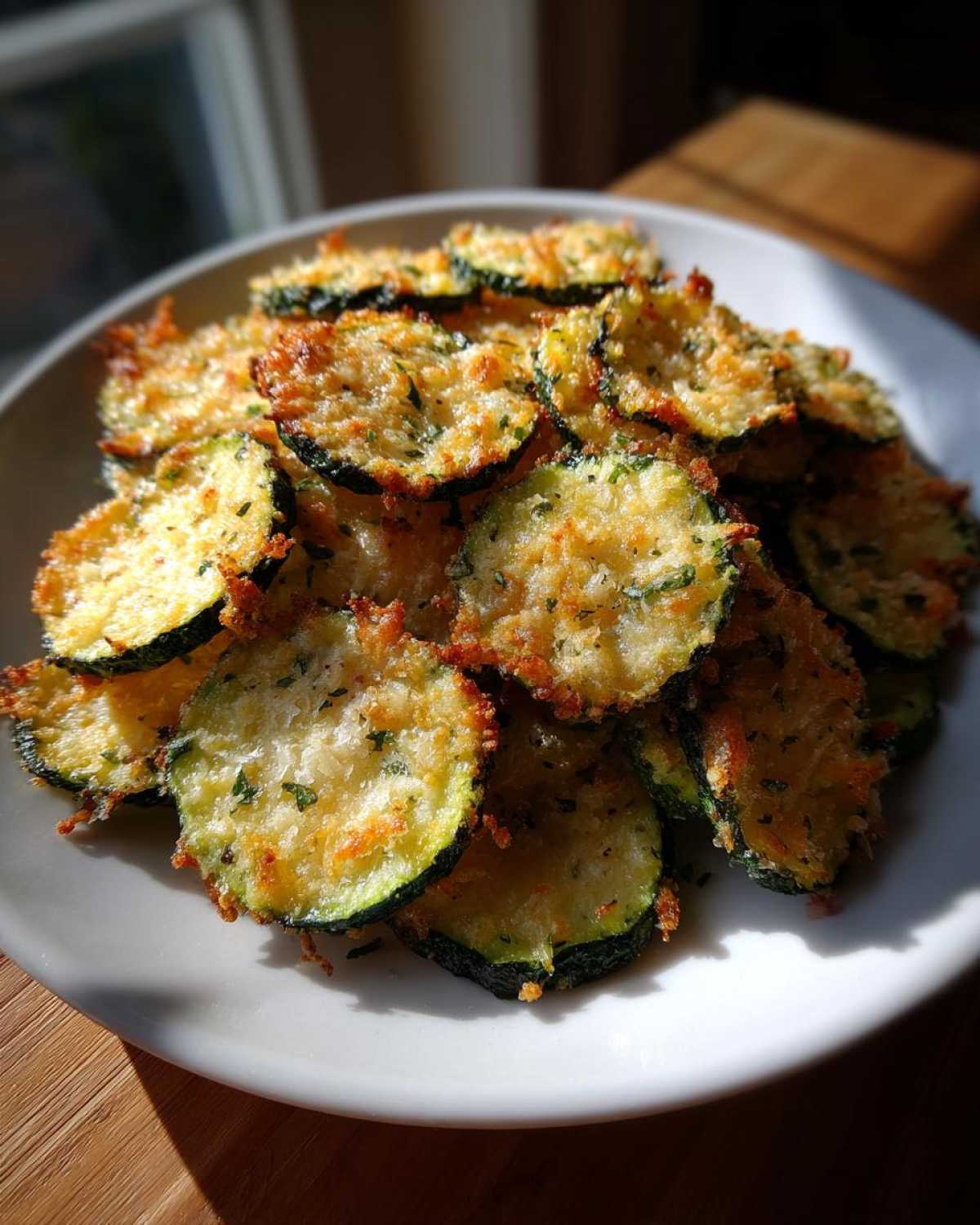 A pile of crispy, seasoned zucchini chips with golden-brown edges served on a white plate.