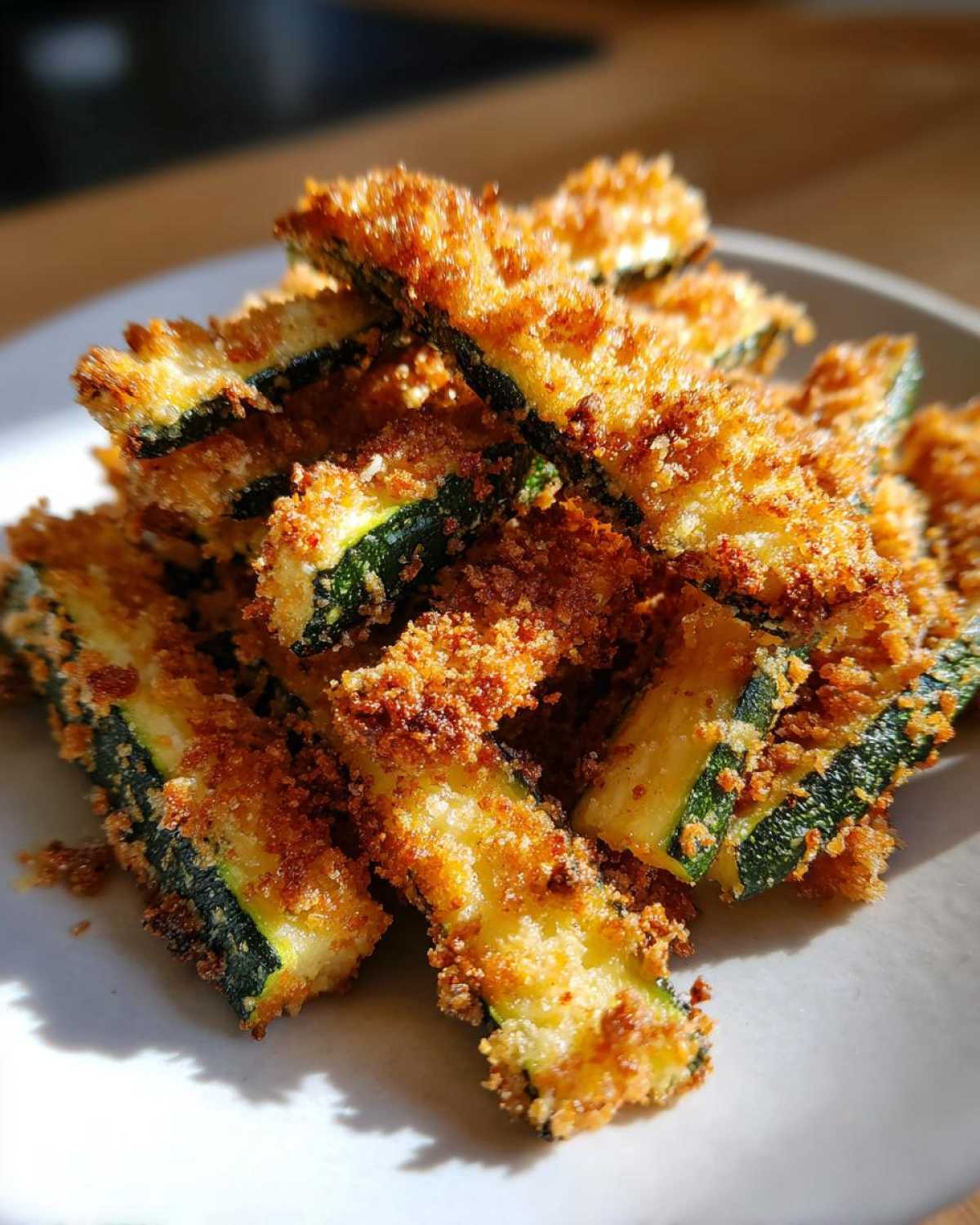 Close-up of a pile of golden brown, crispy zucchini fries visible breading on a white plate.