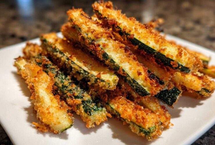 A close-up of a delicious stack of crispy zucchini fries, golden brown and perfectly seasoned.