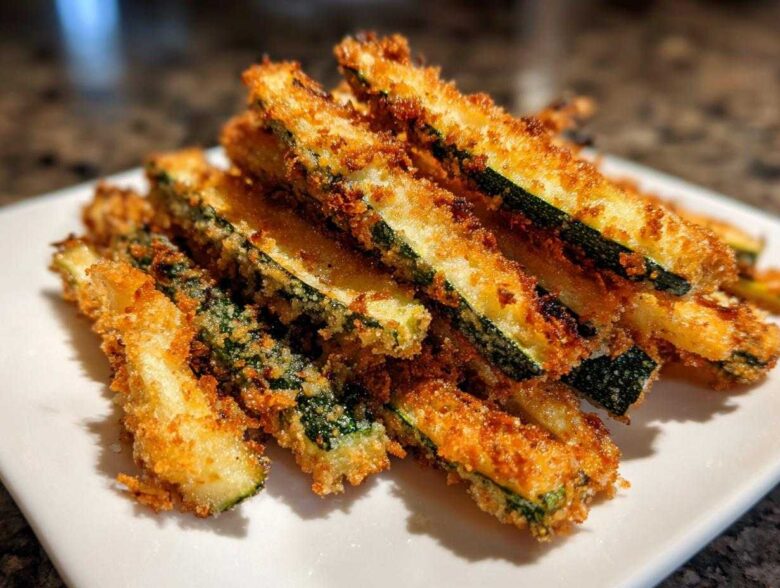 A close-up of a delicious stack of crispy zucchini fries, golden brown and perfectly seasoned.