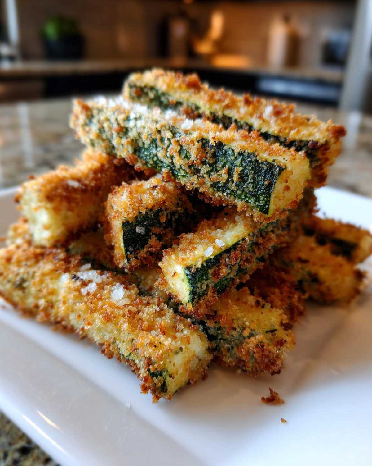 A close-up stack of golden brown, crispy zucchini fries sprinkled with coarse salt.