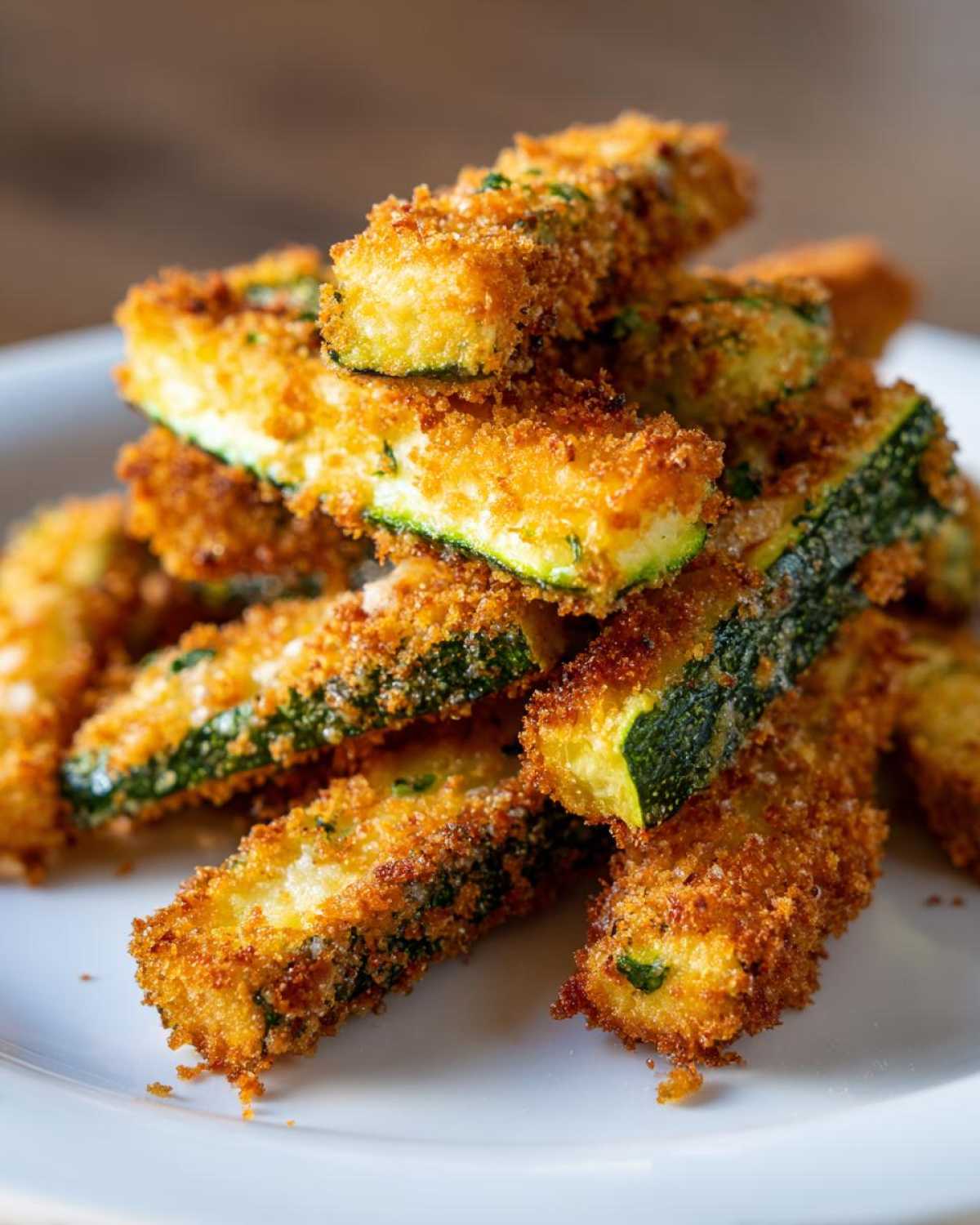 A close-up of a pile of golden brown, crispy zucchini fries seasoned with herbs.