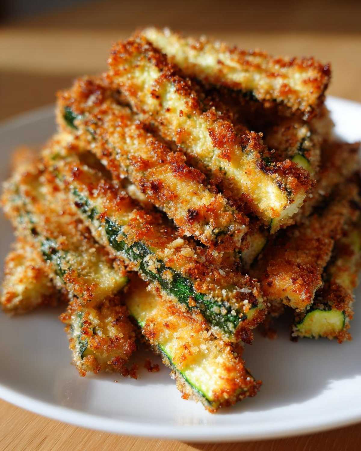 A close-up stack of golden brown, crispy zucchini fries piled high on a white plate.