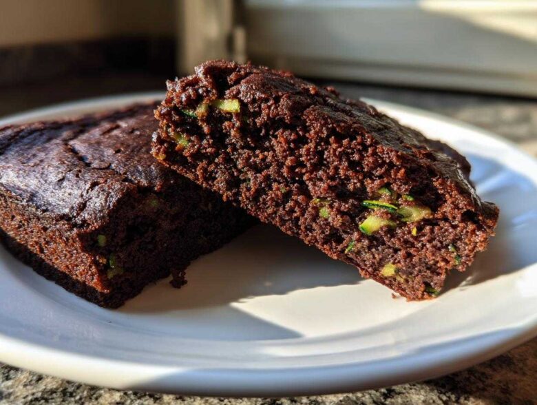 Two slices of moist Crowd Favorite Chocolate Zucchini Sheet Cake showing visible green zucchini shreds in the rich chocolate crumb.
