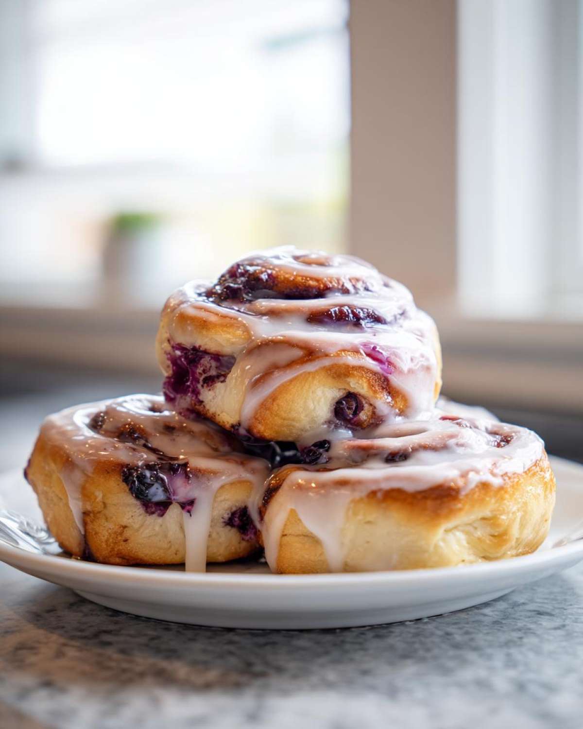 A stack of three decadent blueberry cheesecake rolls dripping with white icing on a white plate.