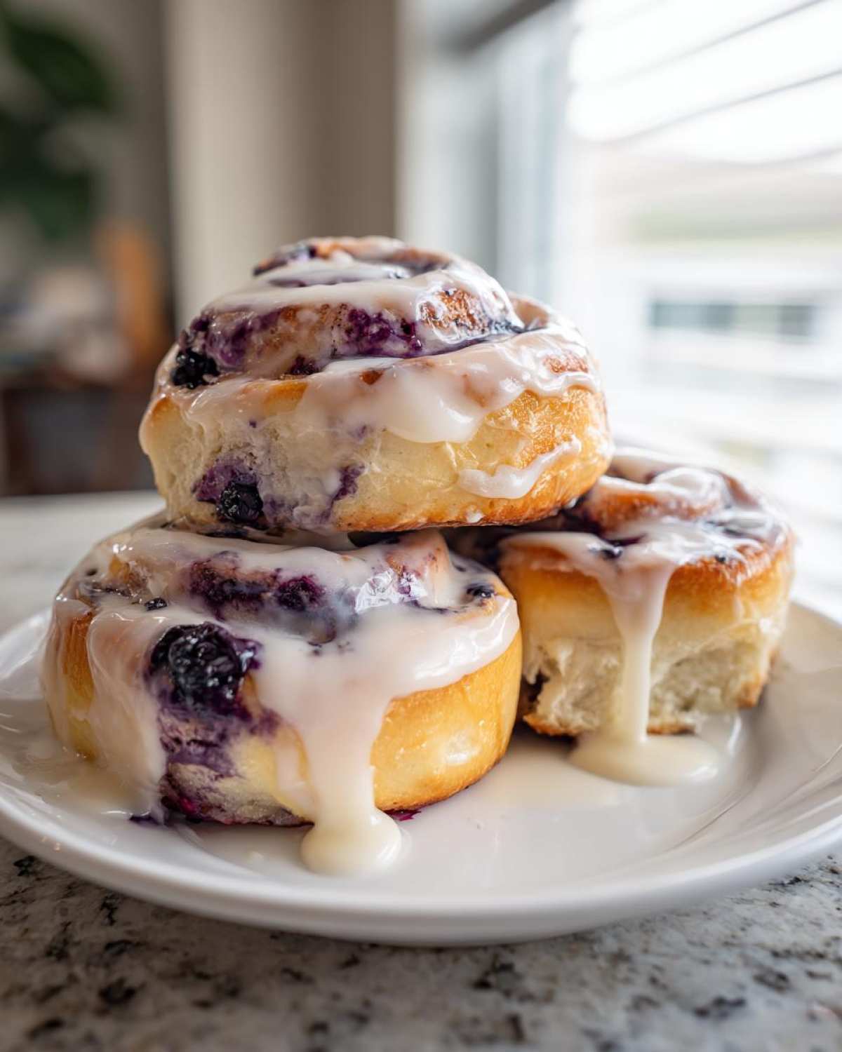 Three decadent blueberry cheesecake rolls stacked on a white plate, generously drizzled with white icing.