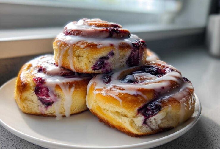 Three decadent blueberry cheesecake rolls stacked on a white plate, drizzled with white icing.