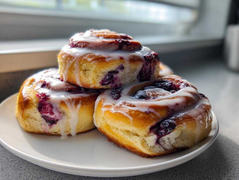 Three decadent blueberry cheesecake rolls stacked on a white plate, drizzled with white icing.
