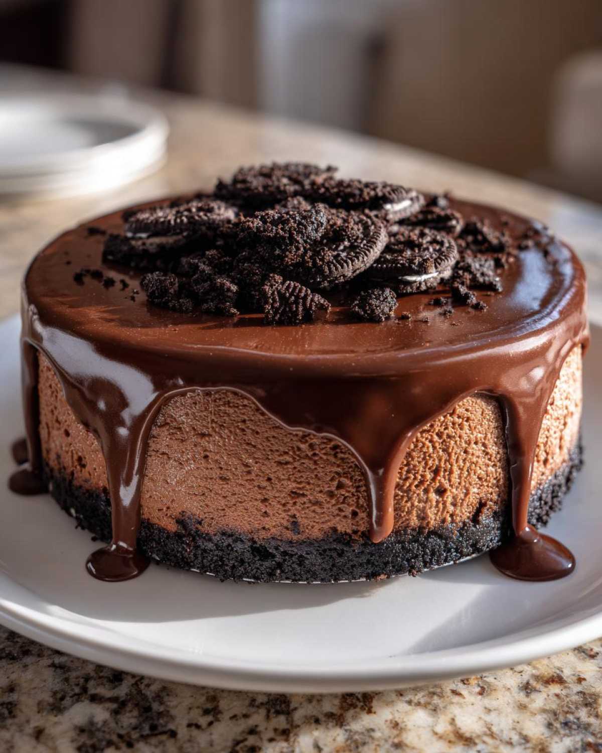 A rich, decadent chocolate cheesecake with a thick chocolate ganache drip and crushed Oreos on top.