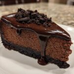 A rich slice of chocolate cheesecake topped with glossy chocolate ganache and cookie crumbs.