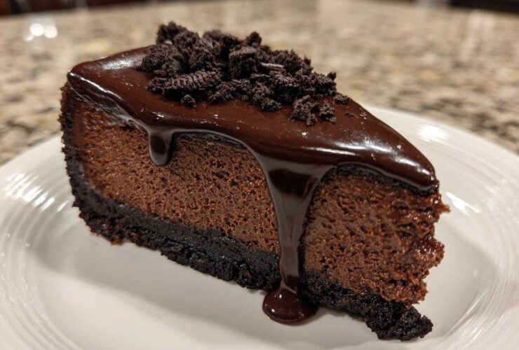 A rich slice of chocolate cheesecake topped with glossy chocolate ganache and cookie crumbs.