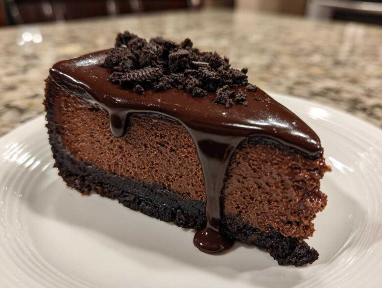 A rich slice of chocolate cheesecake topped with glossy chocolate ganache and cookie crumbs.