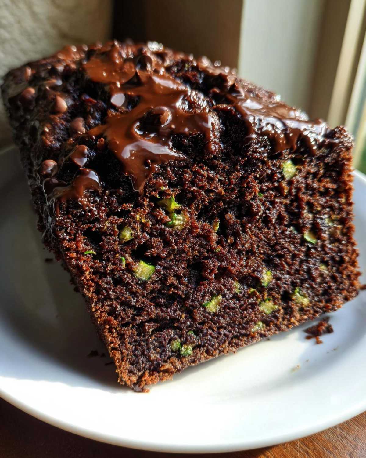 Close-up of a moist slice of Decadent Double Chocolate Zucchini Bread with chocolate drizzle and visible zucchini pieces.