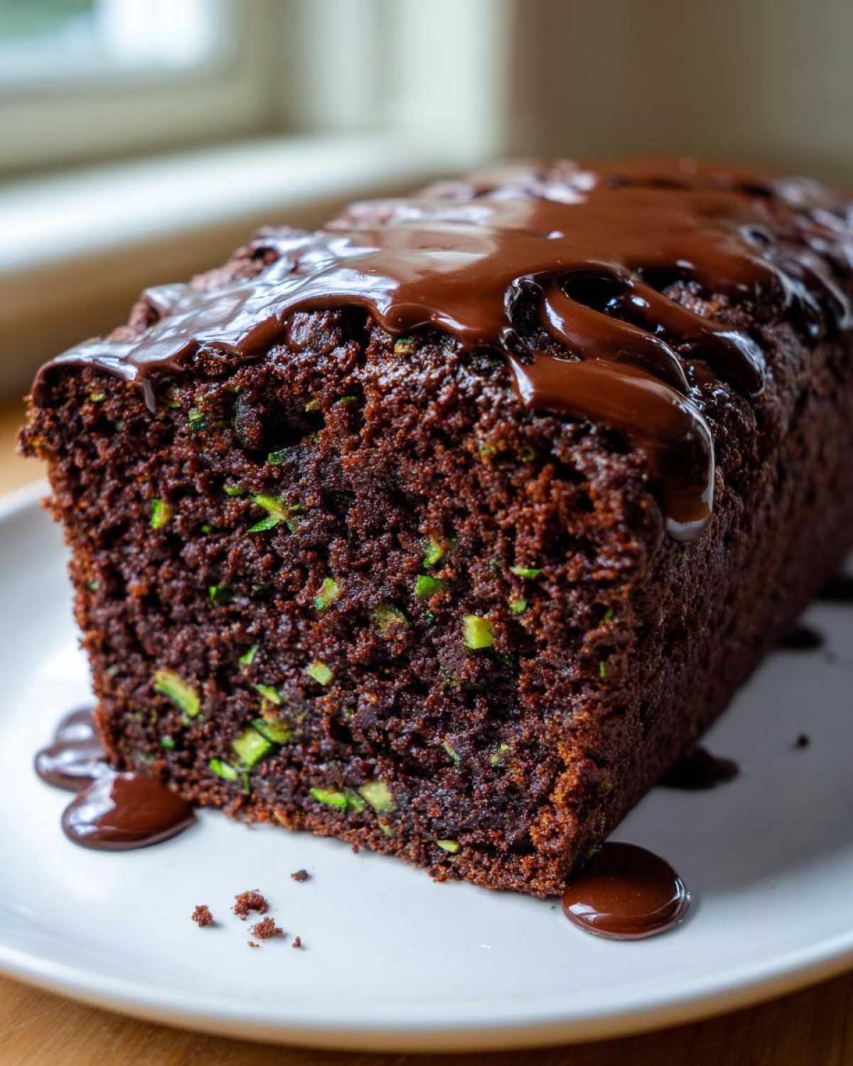 Close-up of a slice of Decadent Double Chocolate Zucchini Bread, showing green zucchini shreds in the dark chocolate crumb, topped with rich chocolate glaze.