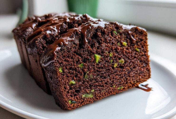Close-up of a moist slice of Decadent Double Chocolate Zucchini Bread topped with chocolate glaze.