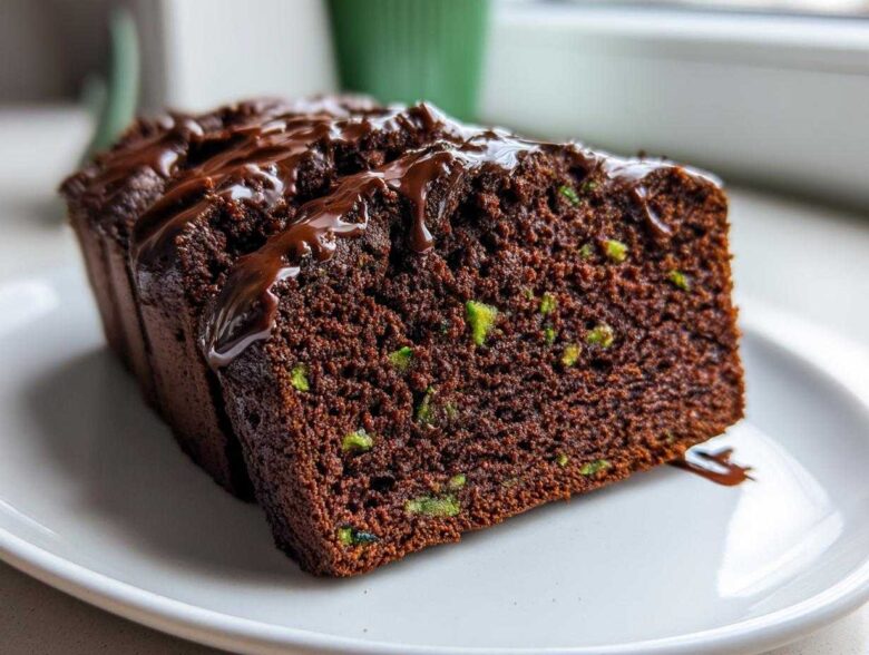 Close-up of a moist slice of Decadent Double Chocolate Zucchini Bread topped with chocolate glaze.