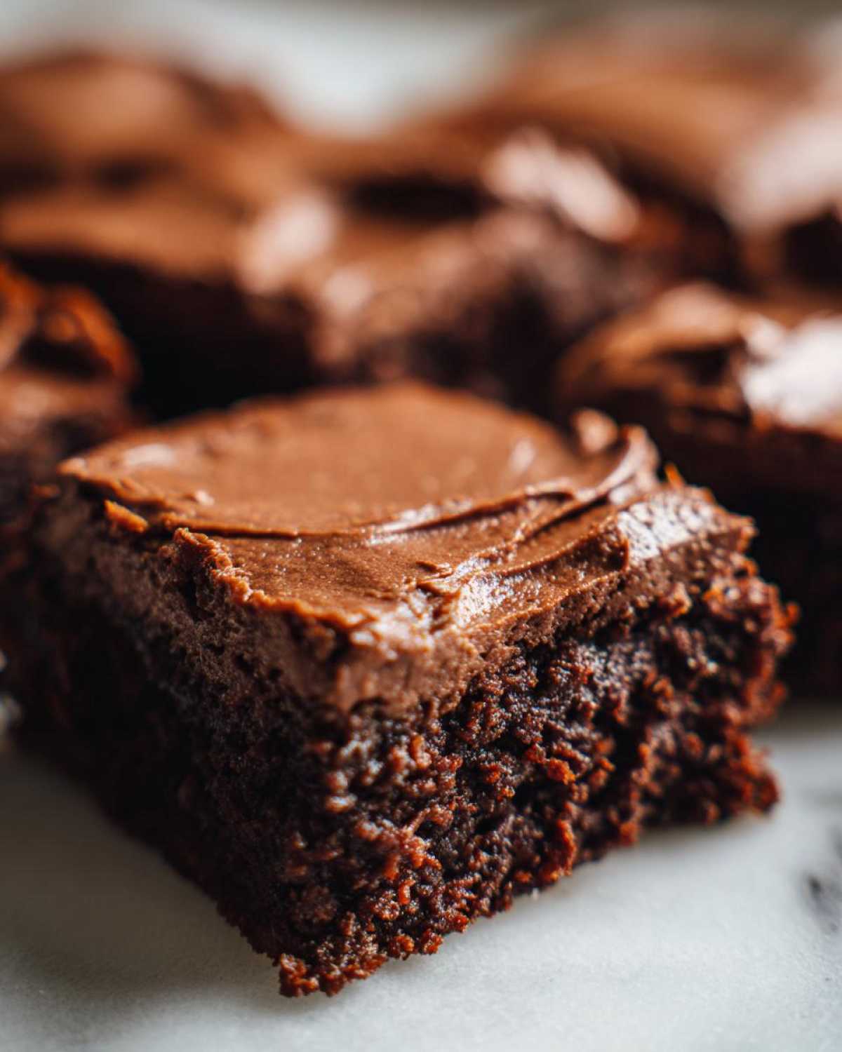 A close-up, macro shot of a square of Decadent Frosted Zucchini Brownies showing the rich, moist crumb and thick chocolate frosting.