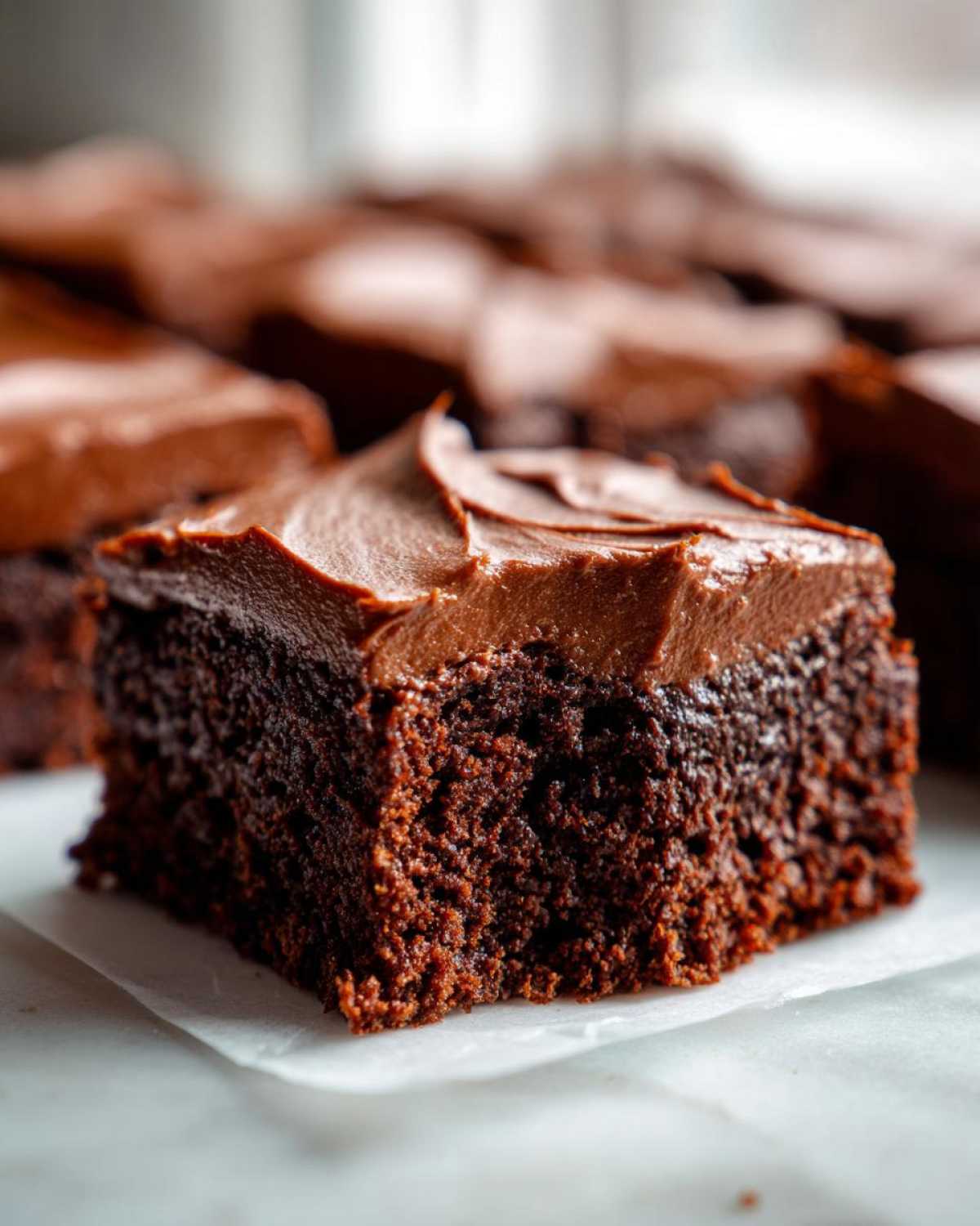 A close-up, macro shot of a rich, dark chocolate square of Decadent Frosted Zucchini Brownies topped with thick chocolate frosting.