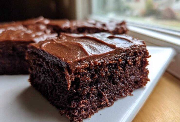 A close-up, angled shot of a rich, dark chocolate slice of Decadent Frosted Zucchini Brownies on a white plate.
