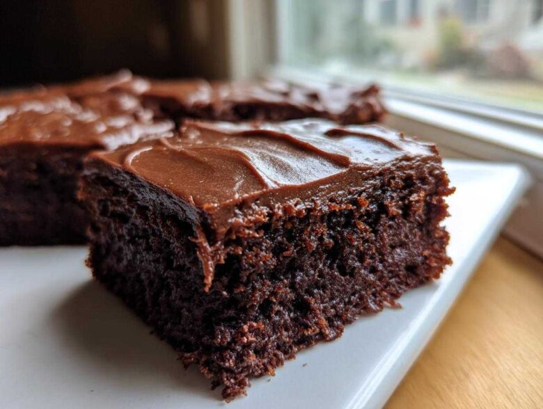A close-up, angled shot of a rich, dark chocolate slice of Decadent Frosted Zucchini Brownies on a white plate.