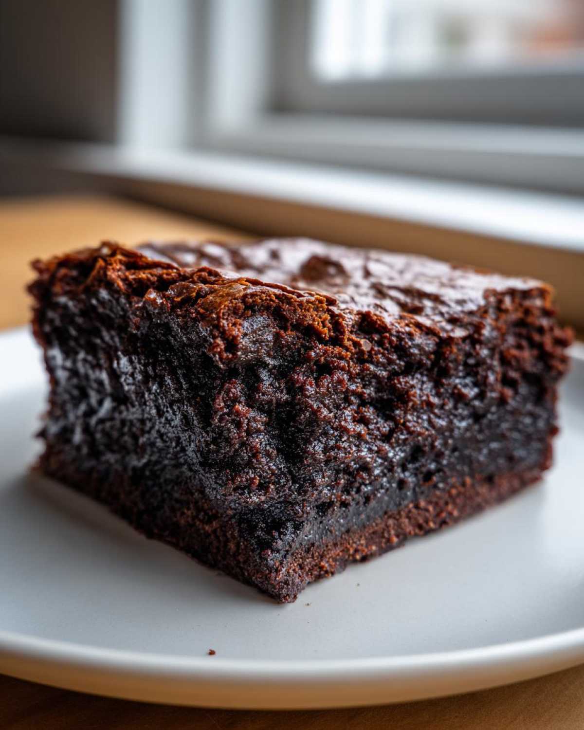 A rich, dark slice of decadent fudgy avocado brownies with a shiny, cracked top, served on a white plate.