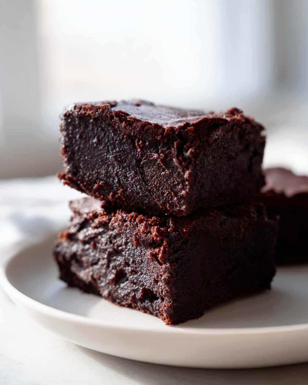 Two squares of decadent fudgy avocado brownies stacked on a white plate, showing rich, dark chocolate texture.
