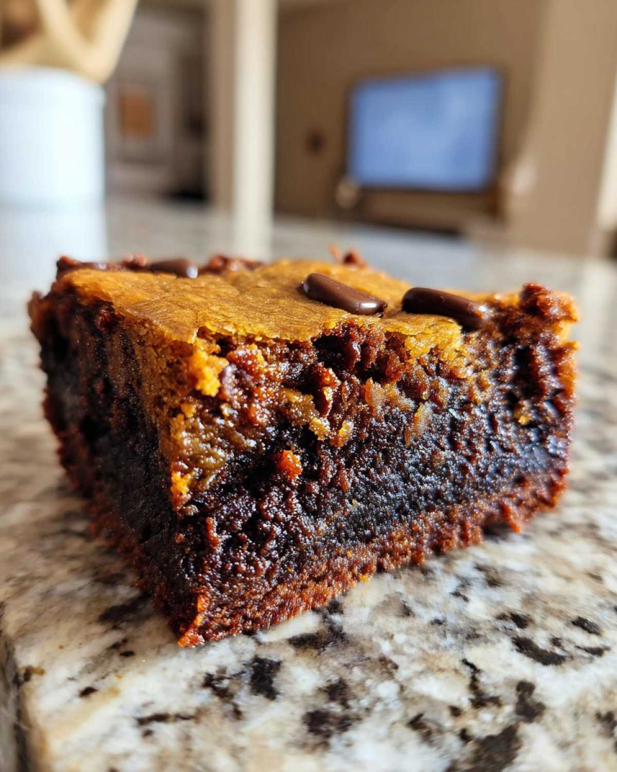 Close-up of a single, thick slice of decadent fudgy brookies showing the chewy brownie layer and cookie top.