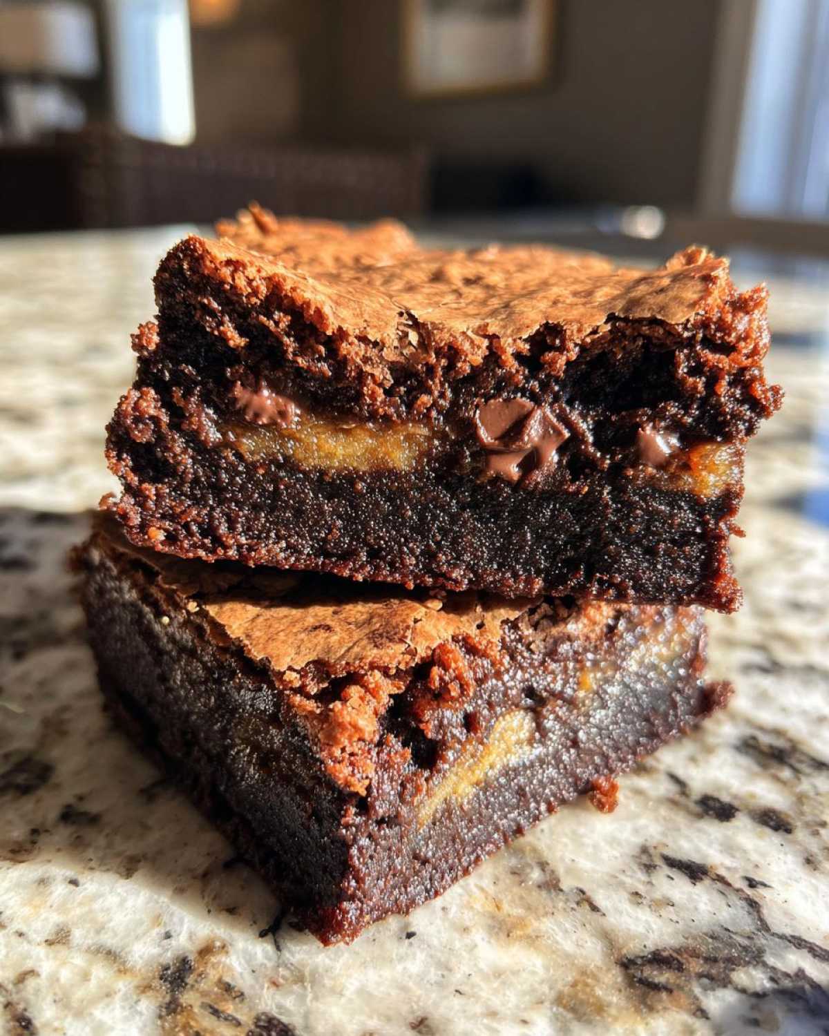 Two stacked squares of decadent fudgy brookies showing a chewy center layer and melted chocolate chips.