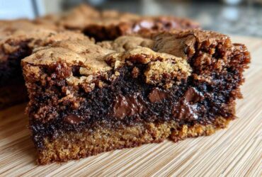A close-up of a decadent fudgy brookie bar showing the chewy cookie top and the rich, molten chocolate brownie layer with melted chips.