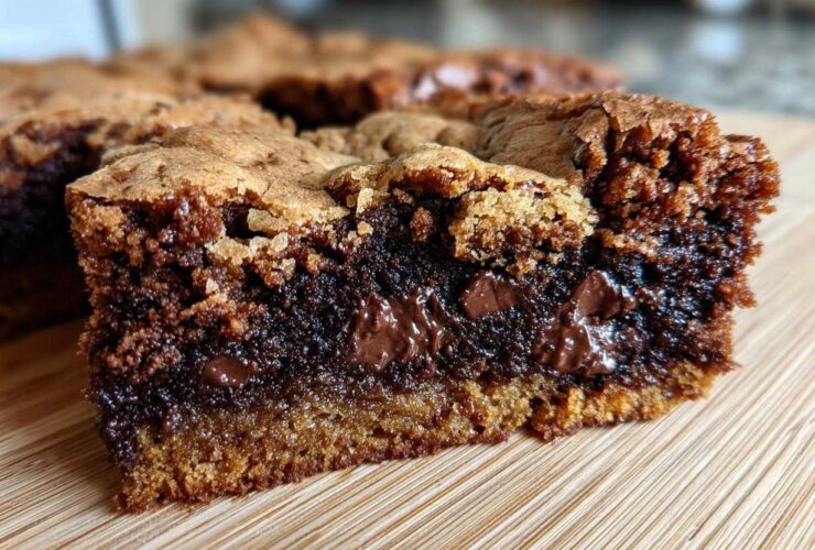 A close-up of a decadent fudgy brookie bar showing the chewy cookie top and the rich, molten chocolate brownie layer with melted chips.